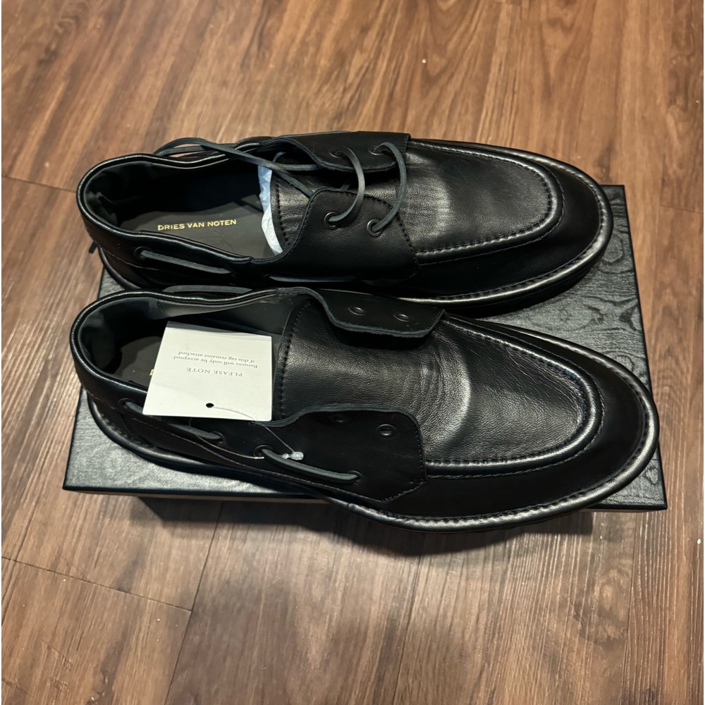 Dries Van Noten Black Leather Boat Shoes Size 44 - Picture 2 of 3